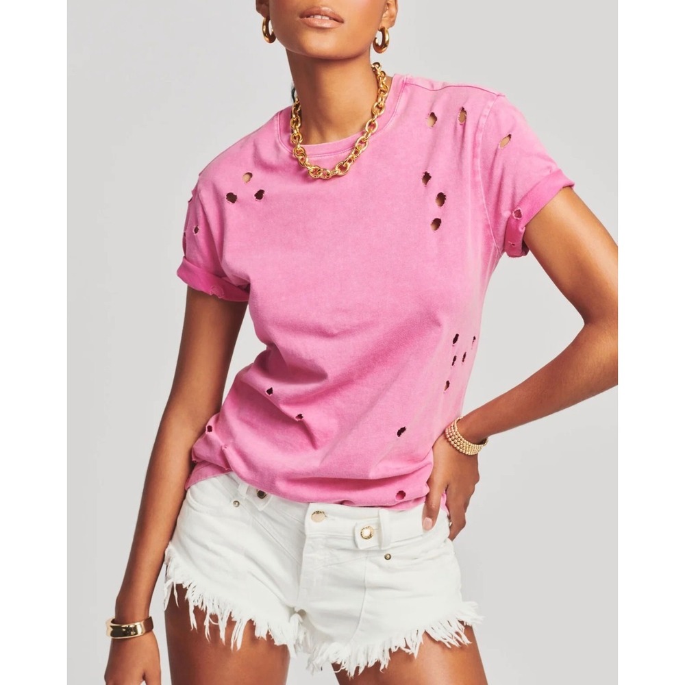 SEROYA Pink Distressed Cutout T-Shirt Womens XS Cotton Tee Distressed